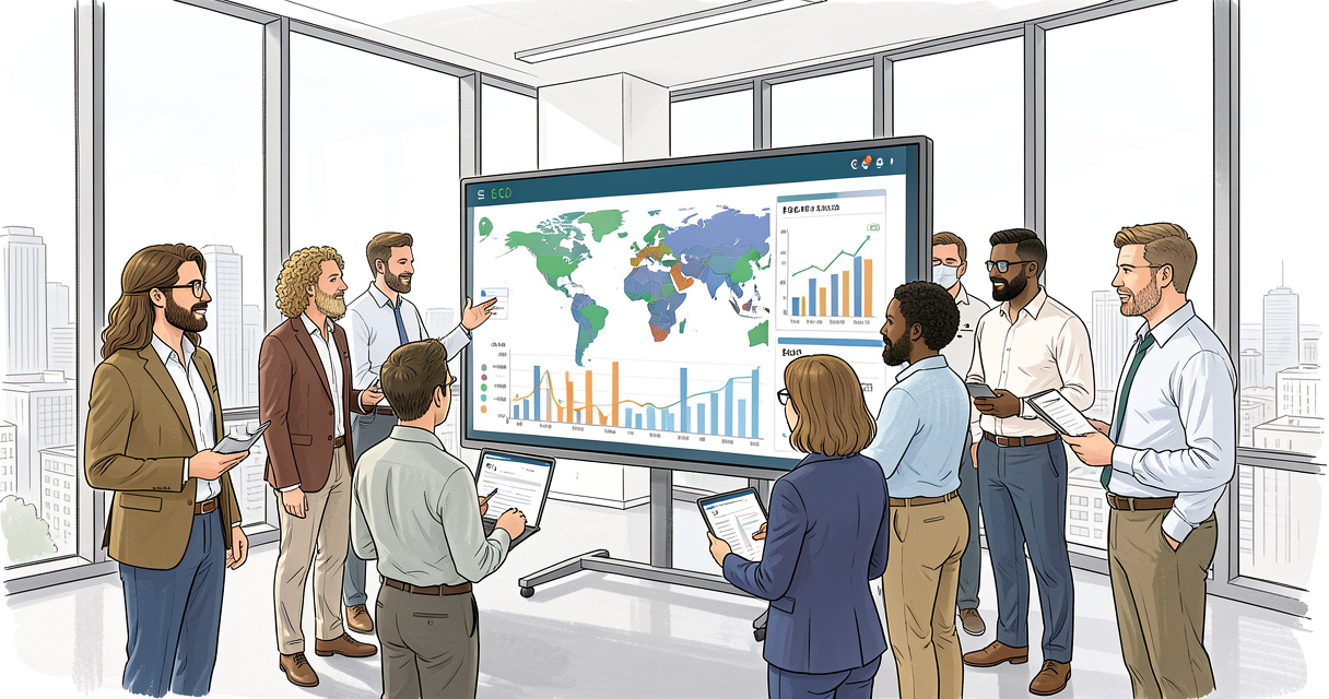 Enterprise SEO team collaborating on analytics dashboard in modern office