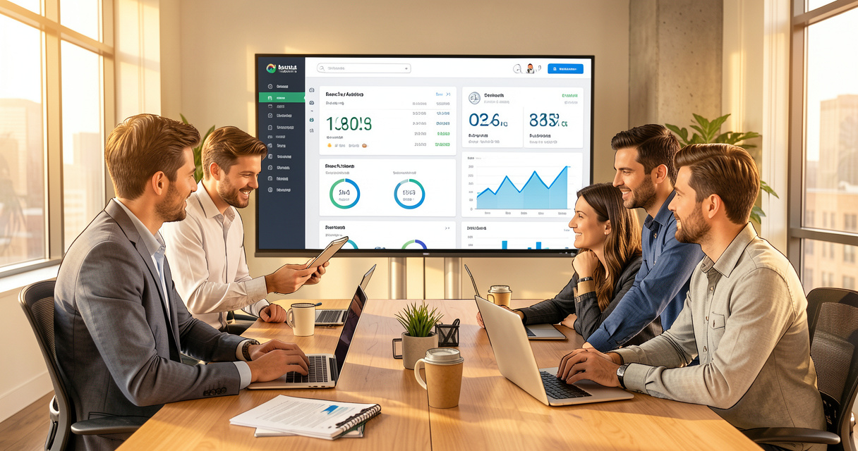 Team reviewing AI search brand visibility dashboard with citation metrics in modern office
