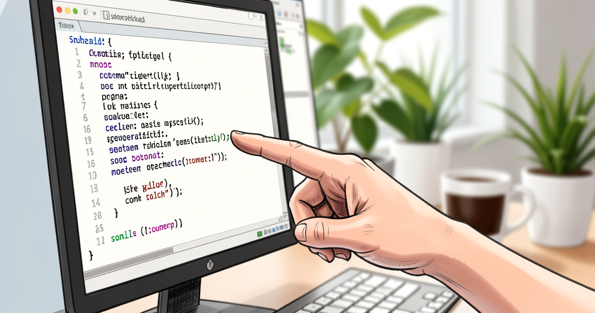 Close up of hand pointing at schema markup code for generative engine optimization