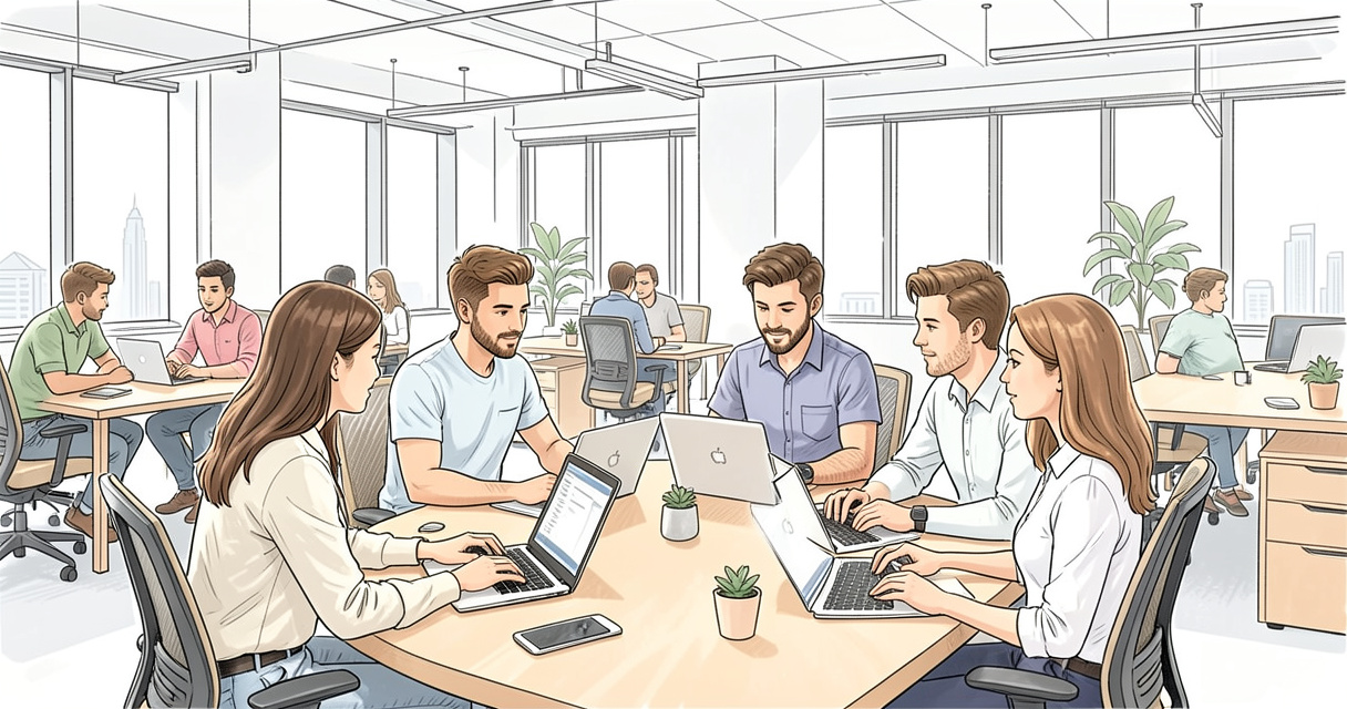 Co-working space for Dubai tech startups - young professionals collaborating on laptops