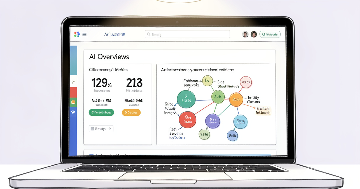 Dashboard showing AI Overviews citations and entity optimization metrics for SEO agencies