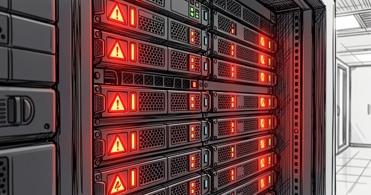 Server rack with red warning lights indicating LLM security vulnerabilities