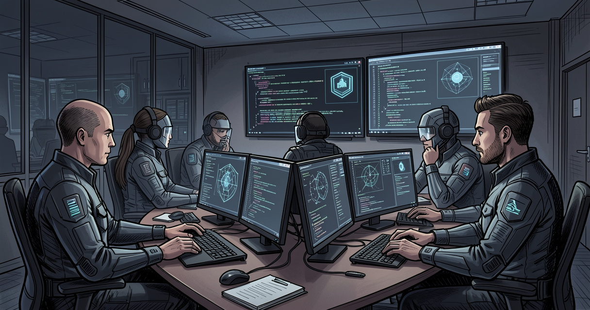 Cybersecurity team analyzing code for AI red teaming in a dimly lit room