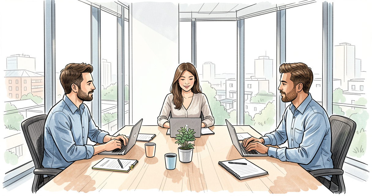 Startup board meeting with founder and non-executive director discussing strategy