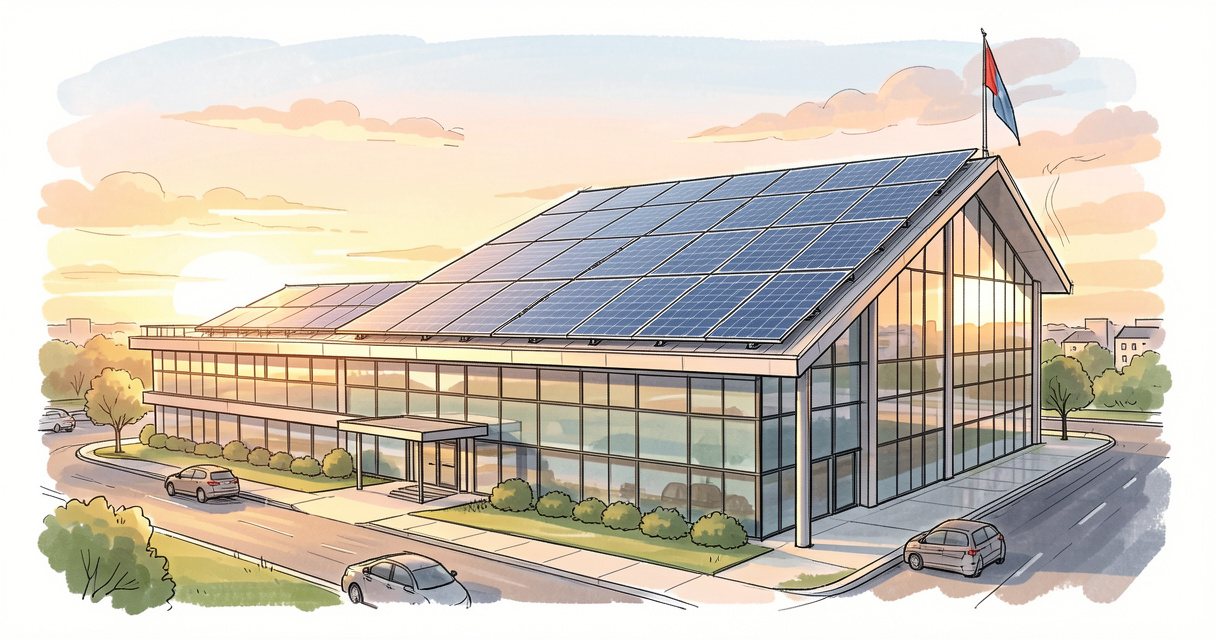 Solar panel installation on green startup company building rooftop renewable energy 2026