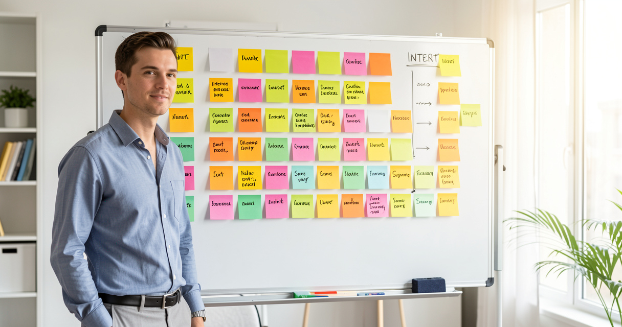 Keyword examples categorized by search intent written on sticky notes on whiteboard