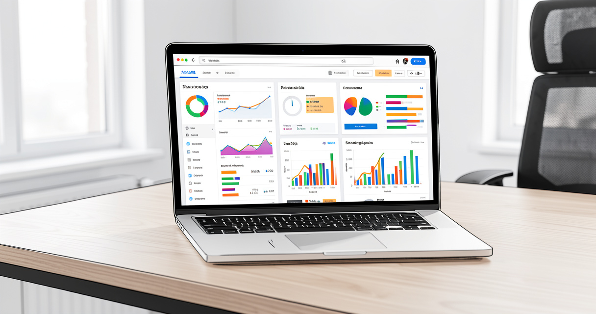 SEO audit dashboard on laptop with analytics charts and rankings overview