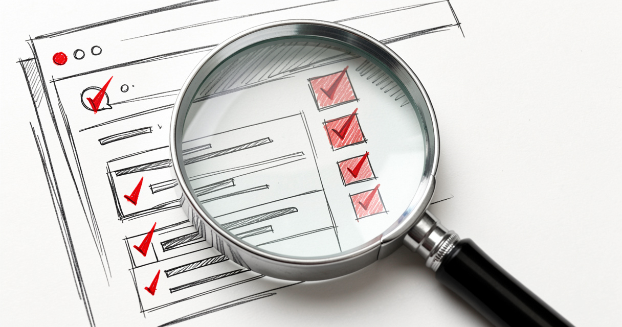 Magnifying glass inspecting a website wireframe for technical SEO issues