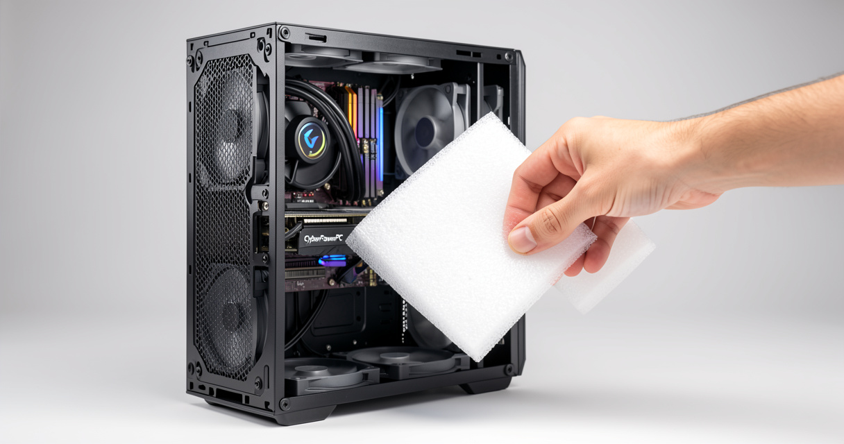 Removing protective foam from inside a CyberPowerPC gaming desktop before first startup