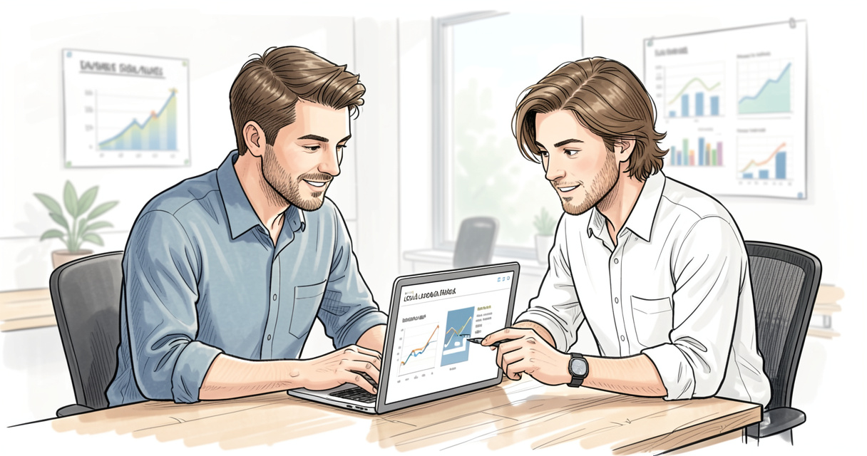 Developers evaluating SLM versus LLM cost and performance on a laptop in a modern office