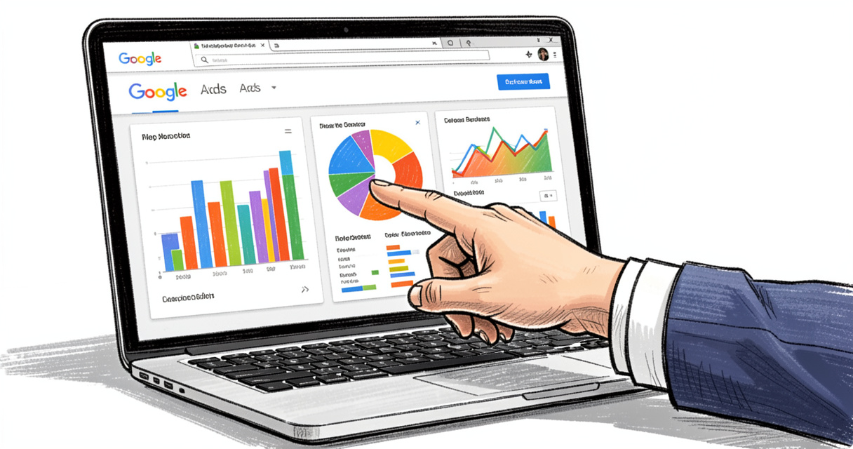 Paid search management interface with ad performance charts on a laptop screen