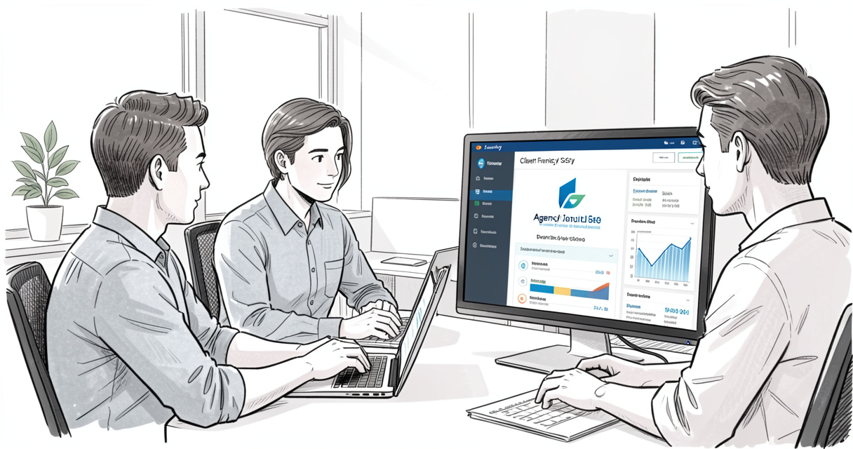 Digital agency team reviewing white label SEO software dashboard on laptop with branded reports