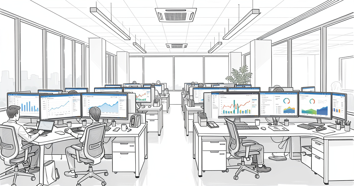 Modern office with teams viewing enterprise SEO tool dashboards on large screens, showing collaboration and data analysi