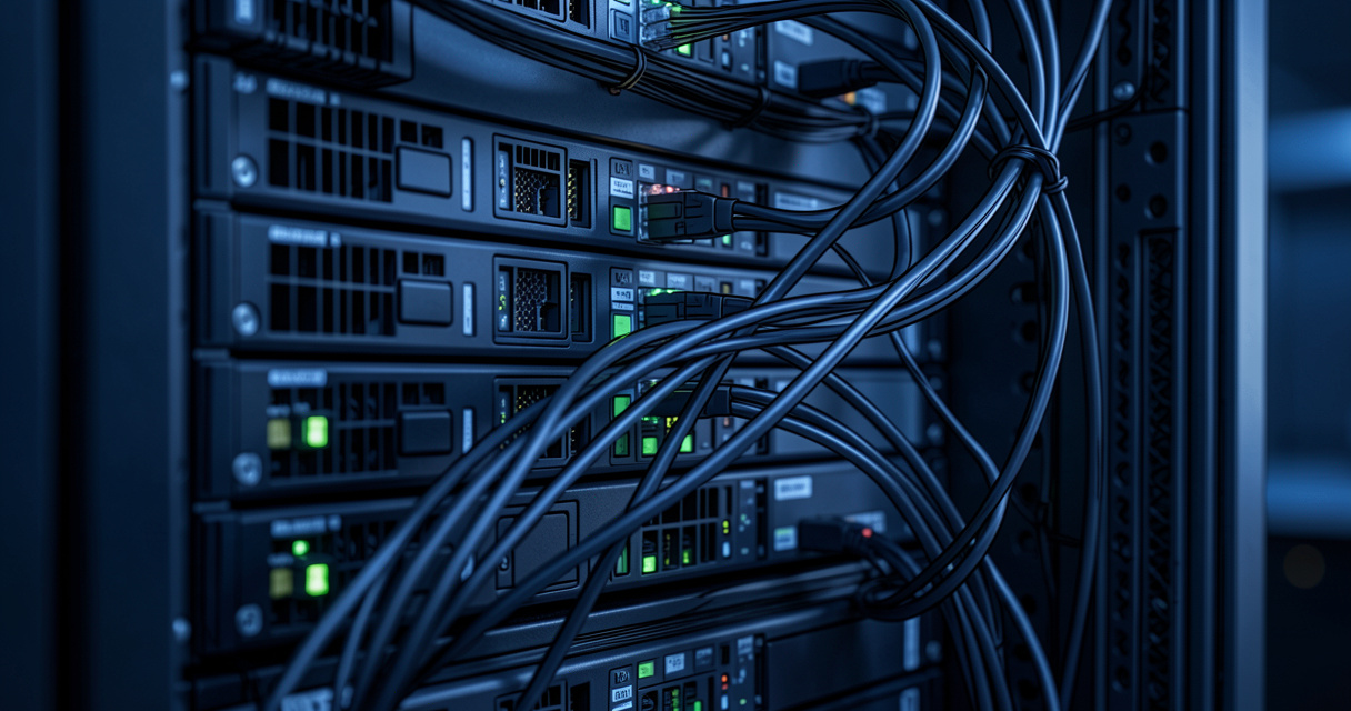 Server rack and fiber optic cables representing technical infrastructure for enterprise SEO platforms and log file analy