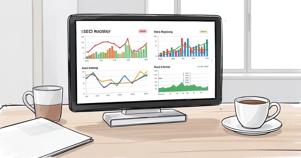 SEO ranking dashboard with charts and graphs representing keyword performance