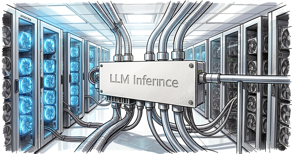LLM inference server rack with blue lights and cooling tubes in a data center