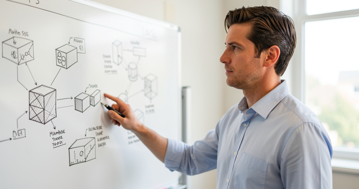 Researcher explaining Mamba-Transformer hybrid model architecture on whiteboard