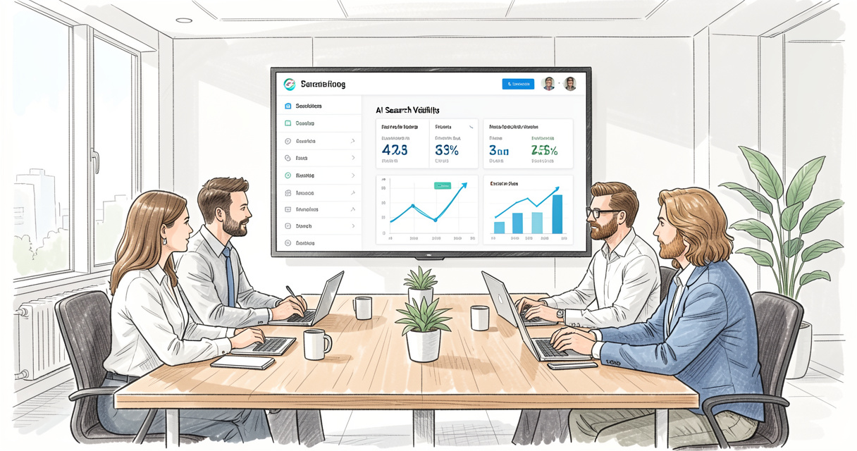 Marketing team analyzing AI search monitoring dashboard on a big screen