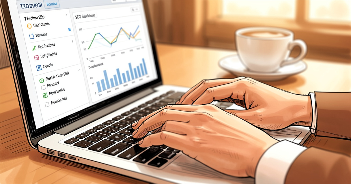 hands typing on laptop with technical SEO checklist and graphs for website analysis