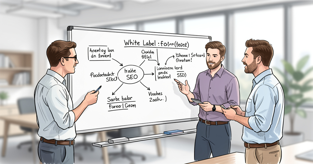 Digital agency team planning white label SEO strategy at whiteboard