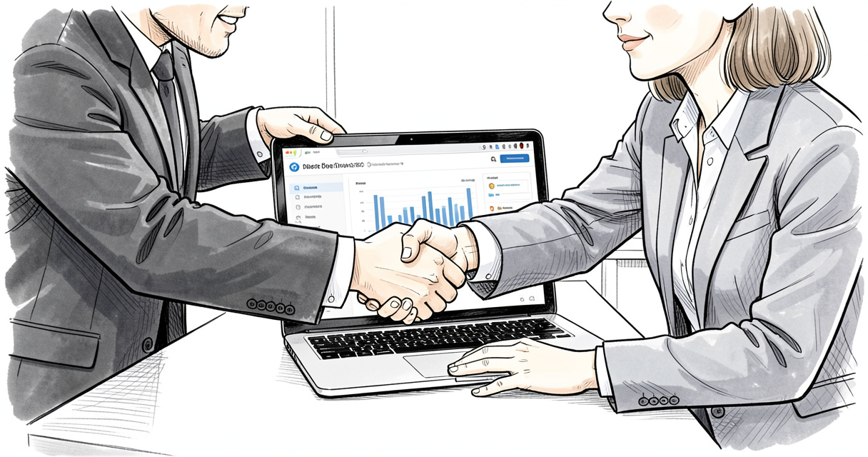 Successful white label SEO partnership handshake with dashboard on laptop