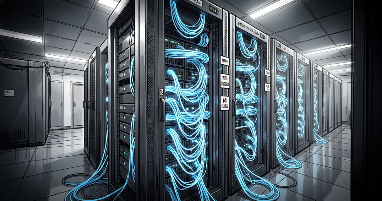 Data center server rack with network cables illustrating autonomous system number infrastructure