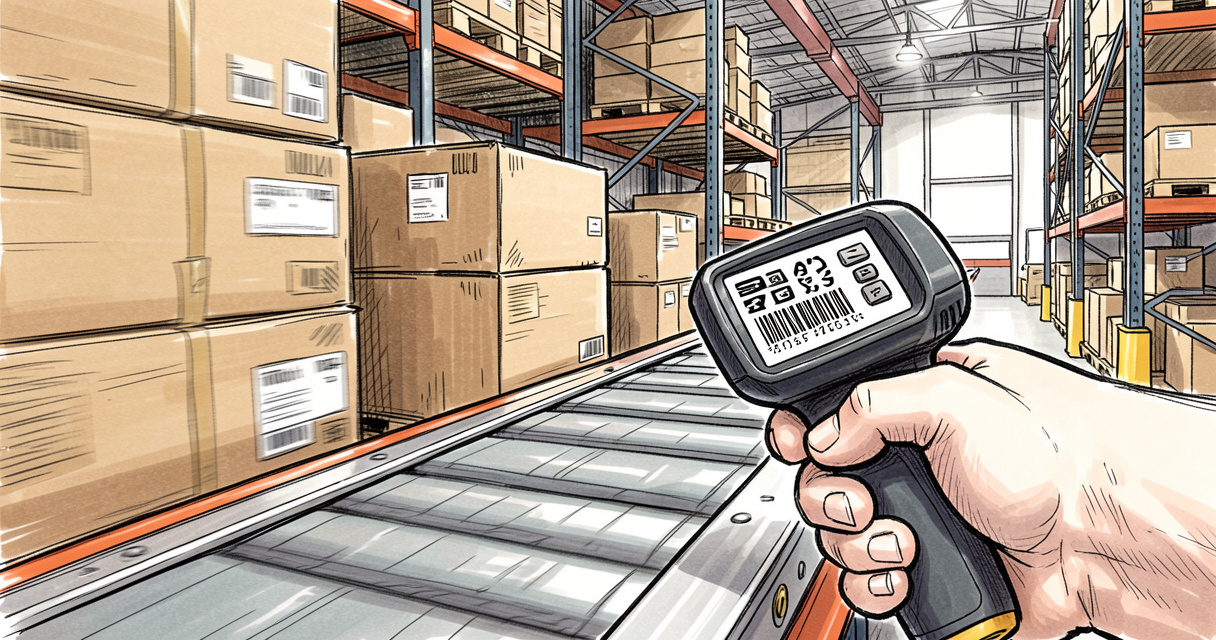 Warehouse worker scanning an advanced shipping notice on a cardboard box in logistics