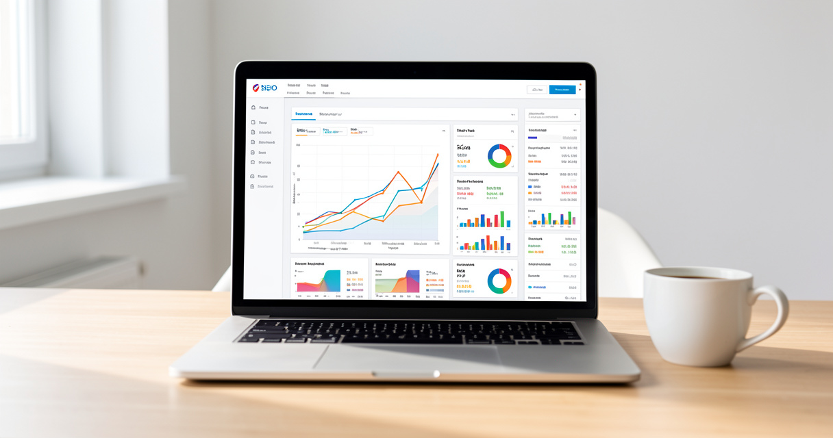 SEO specialist reviewing rank tracker dashboard with keyword ranking trends on laptop