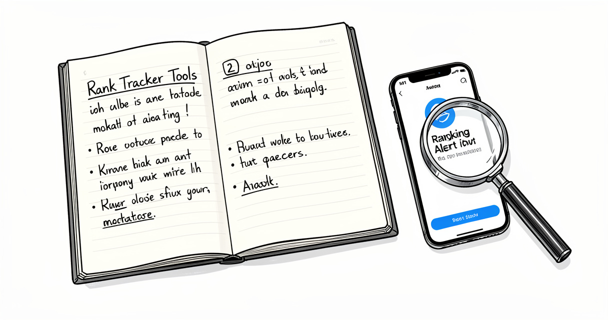 Comparison notes for best SEO rank tracker tools spread on a desk with smartphone alert