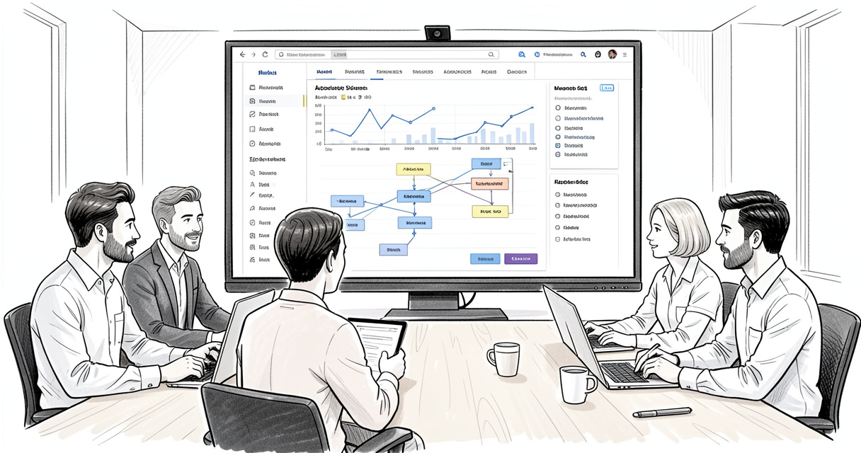 Marketing team reviewing SEO automation dashboard and analytics