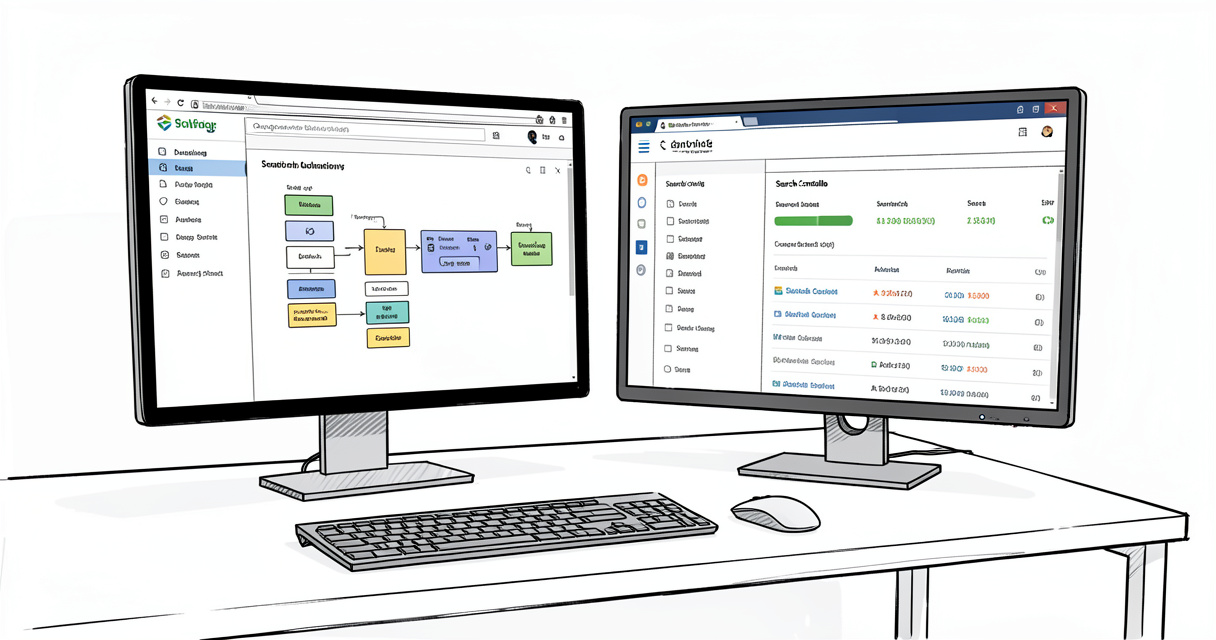 Desktop with SEO automation workflow builder and data monitoring