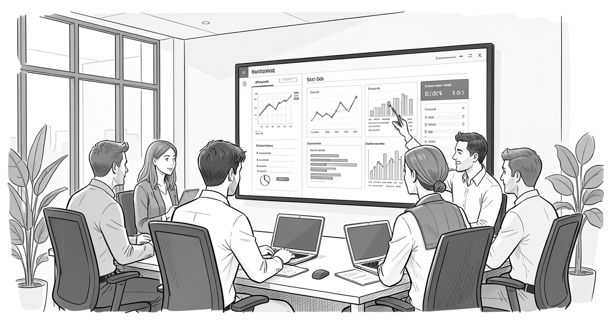 SEO team reviewing monthly package performance metrics