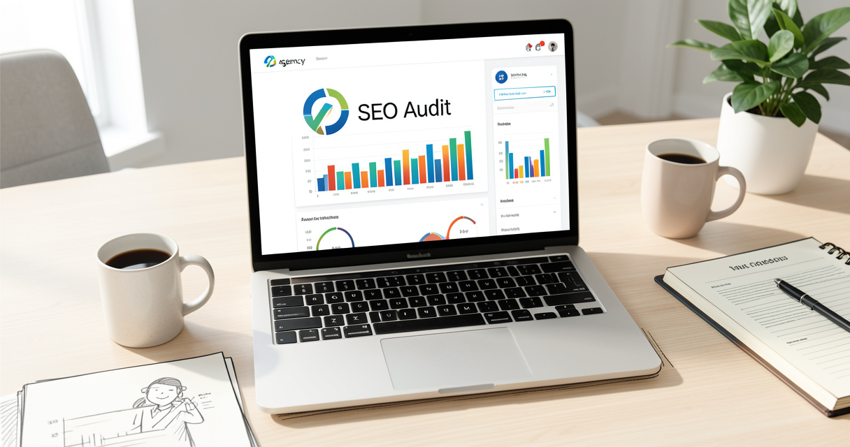 White label SEO audit dashboard on laptop with agency branding and charts on desk