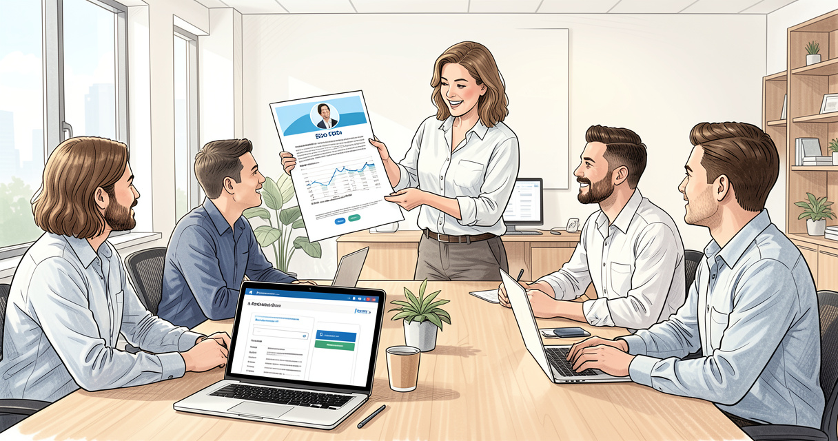 Marketing team presenting a branded white label SEO audit report in a meeting
