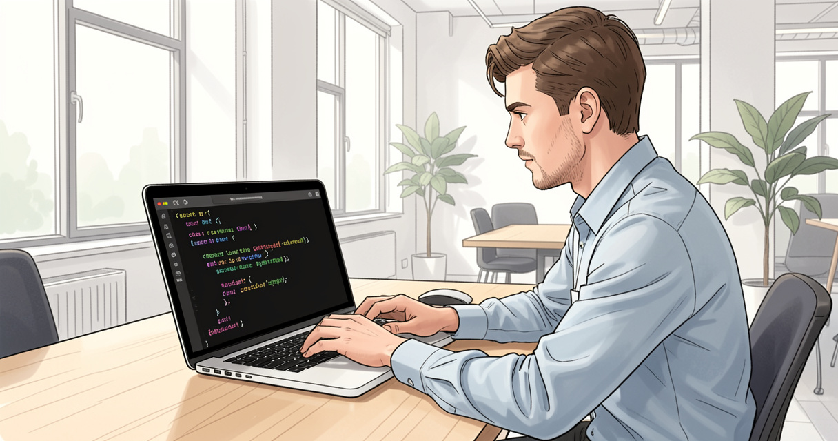 Developer coding with Claude Agent SDK in Python on laptop, terminal streaming agent messages