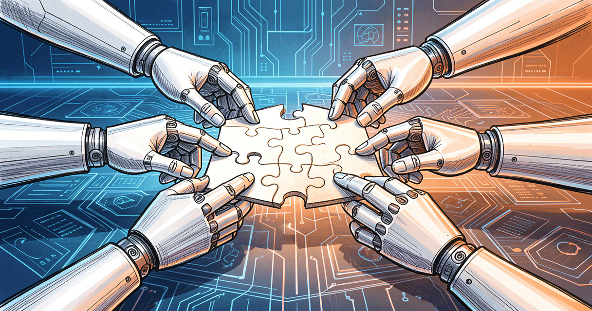 Illustration of subagents as robotic hands working together on a complex puzzle, representing parallel execution