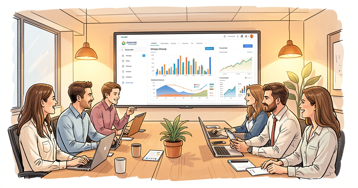 SEO agency team analyzing organic search performance data on a large screen