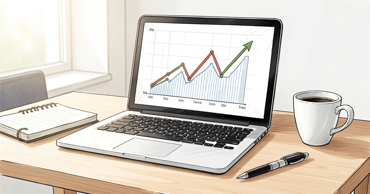 Laptop showing SEO traffic growth chart next to coffee and notebook on desk
