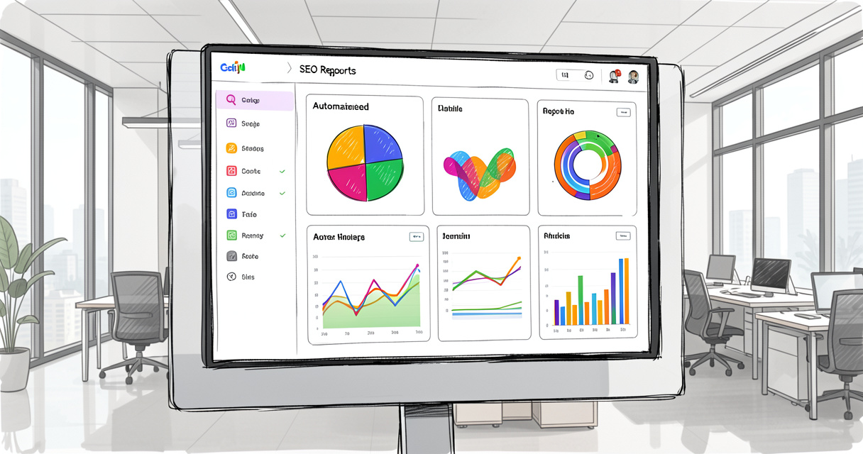 Automated SEO reports dashboard with performance charts on screen in modern office