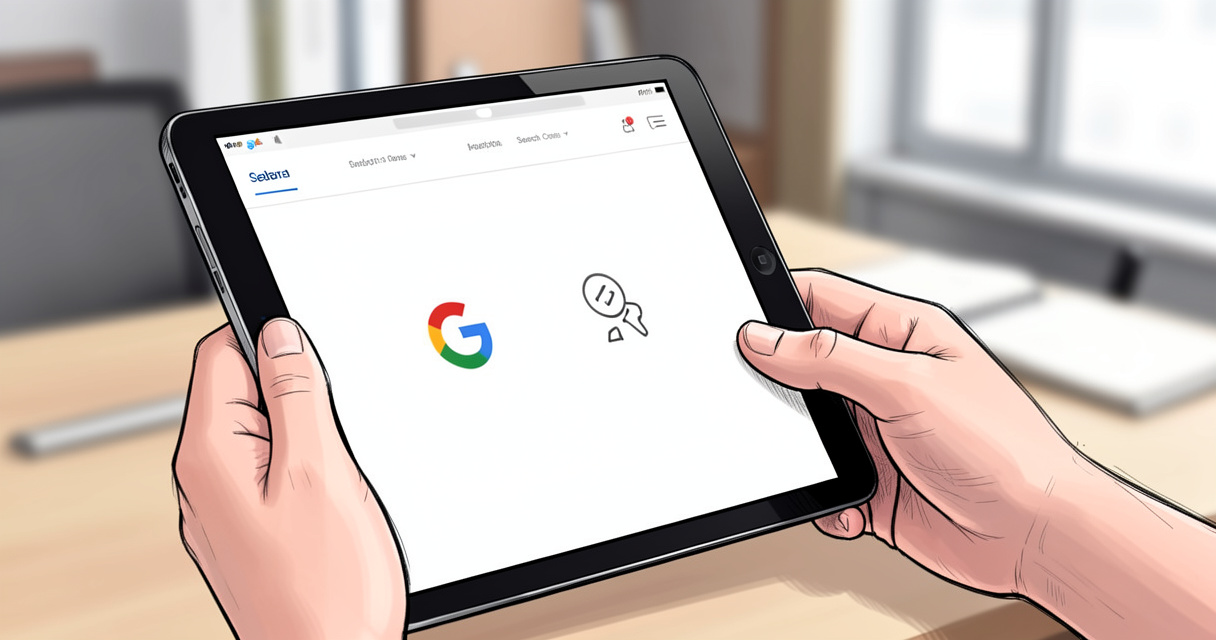 Hand using tablet to view automated SEO report with data source icons