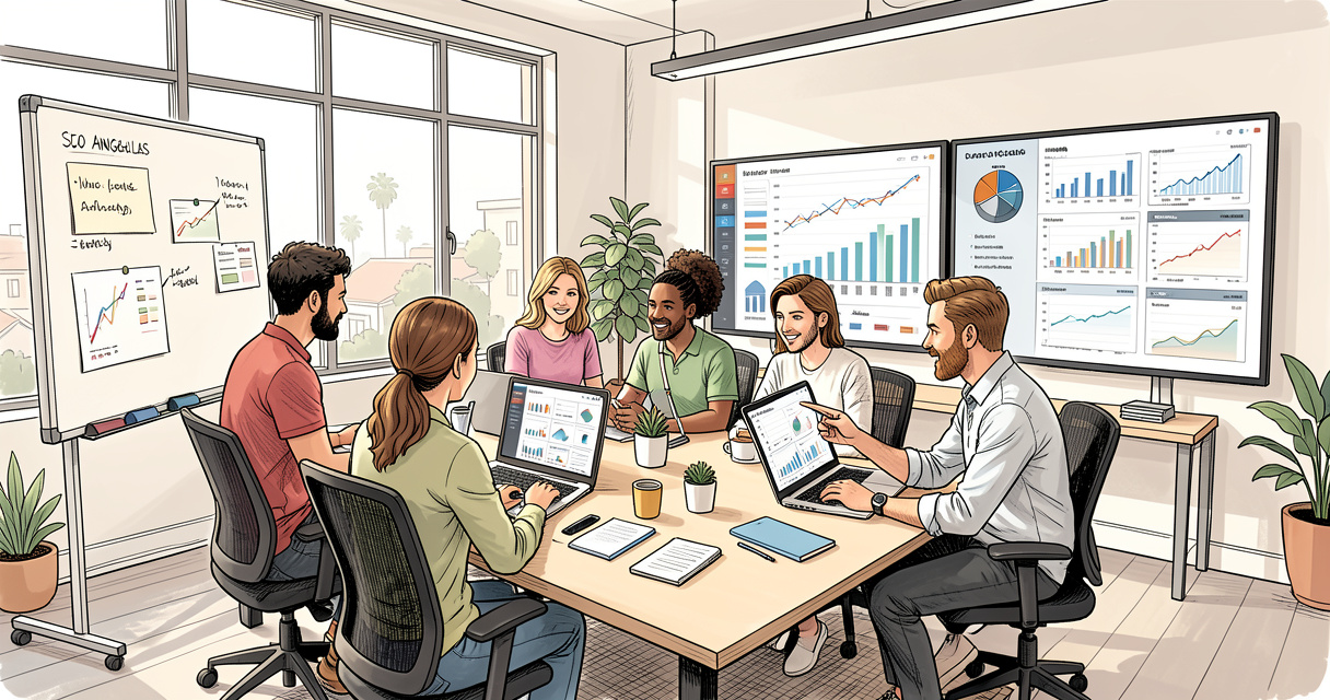 SEO team collaborating in Los Angeles agency workspace with data on screens