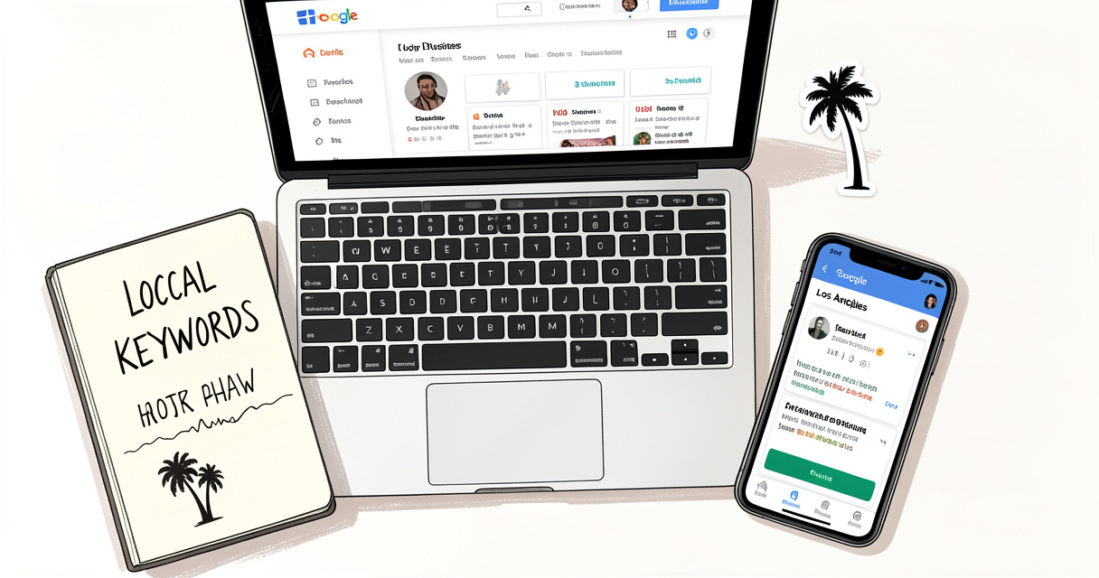 Laptop with local SEO dashboard and notebook with Los Angeles keywords