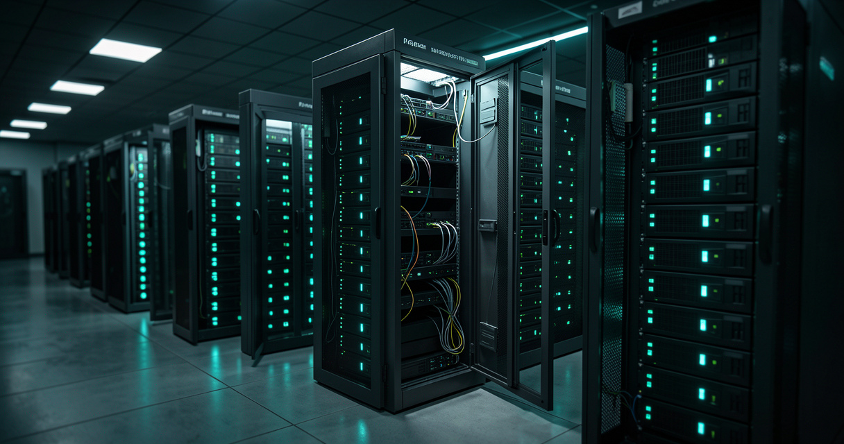 Rows of cheap dedicated server racks in a colocation data center with LEDs