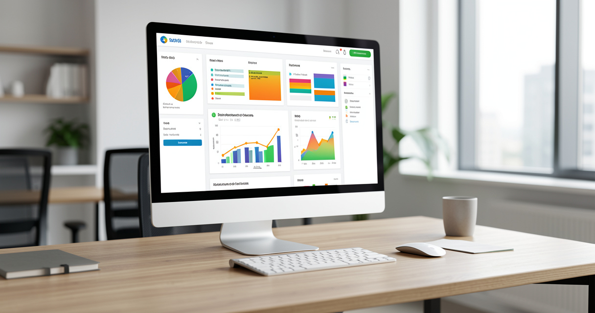 SEO reporting software dashboard on a monitor in a modern agency office