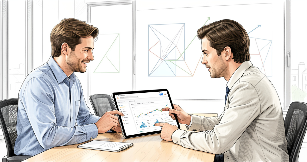 Marketing team reviewing a white-label SEO report together in a bright office