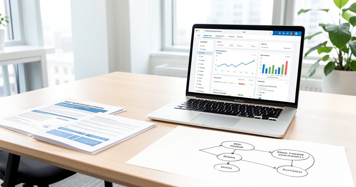 SEO methodology roadmap and search analytics dashboard on office desk