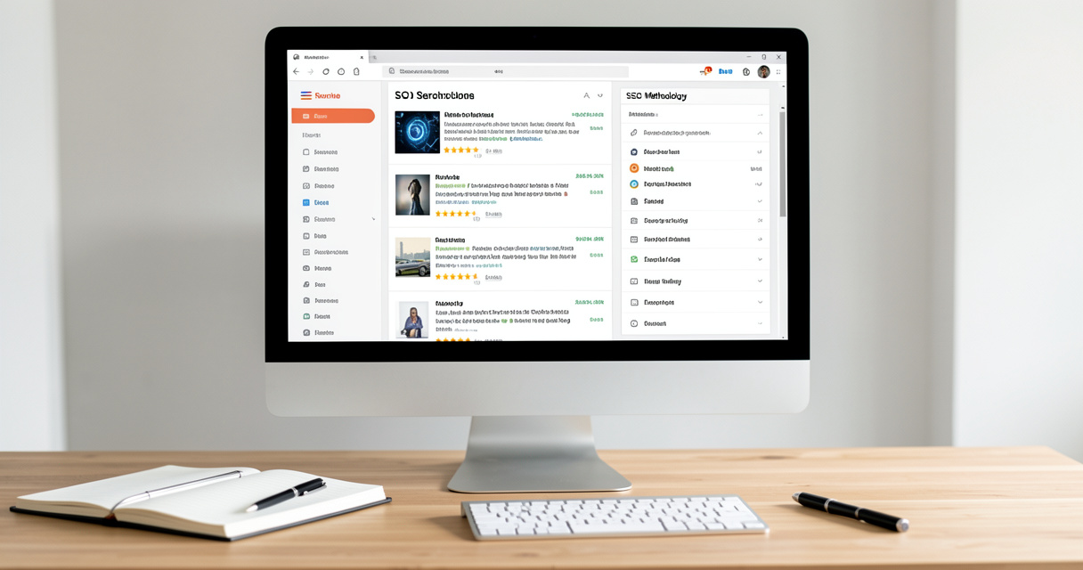 AI SEO methodology dashboard on computer monitor in modern office