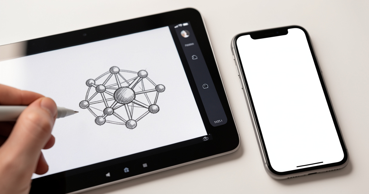 Photorealistic sketch of LLM icon on tablet with blank AI chat UI, no text