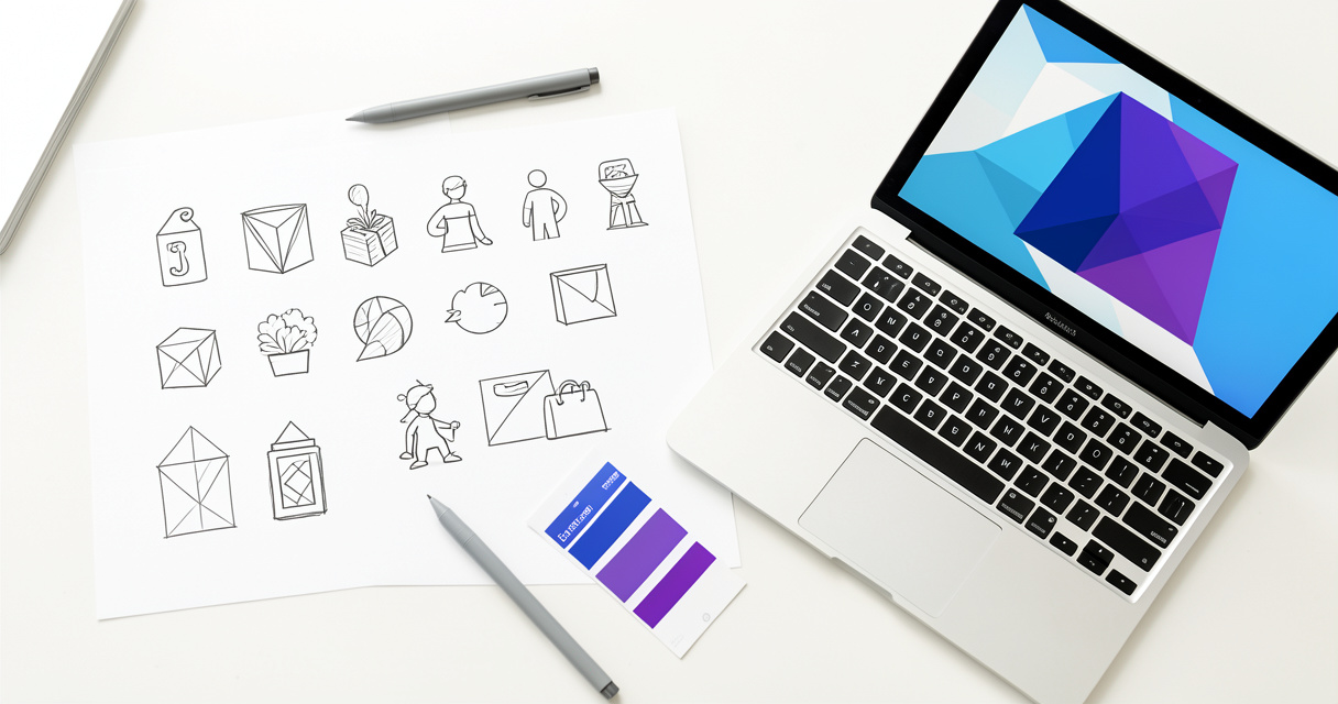 Designer's desk with vector icon sketches and blue color swatches for LLM icon