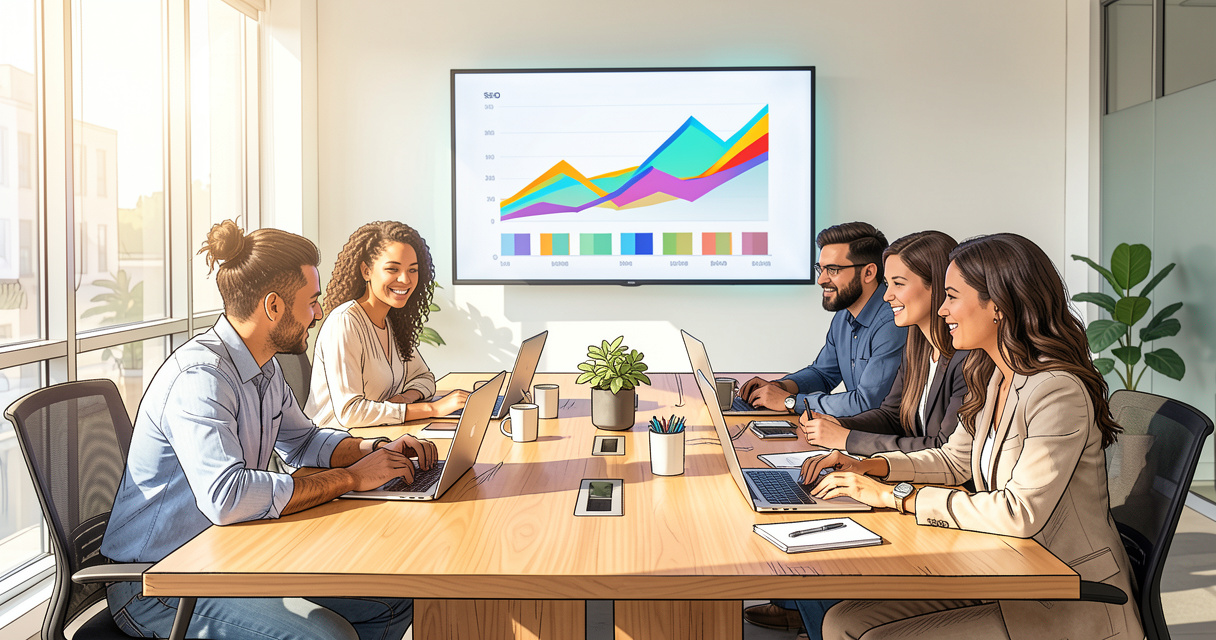 Agency team reviews SEO software dashboard together in a modern office